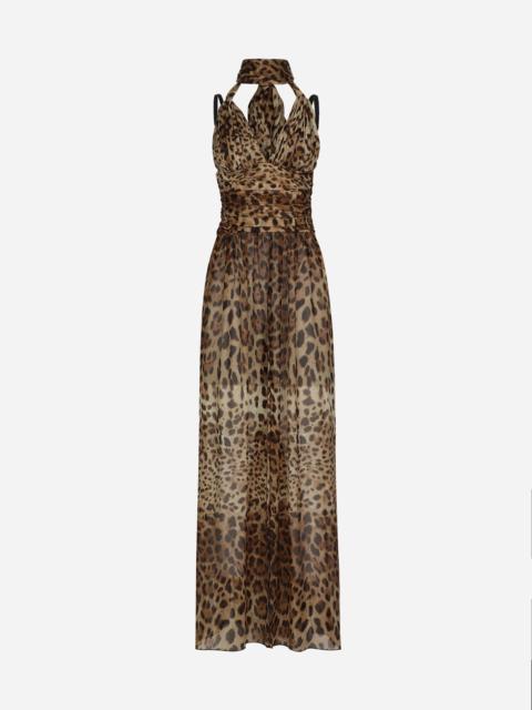 Long leopard-print chiffon dress