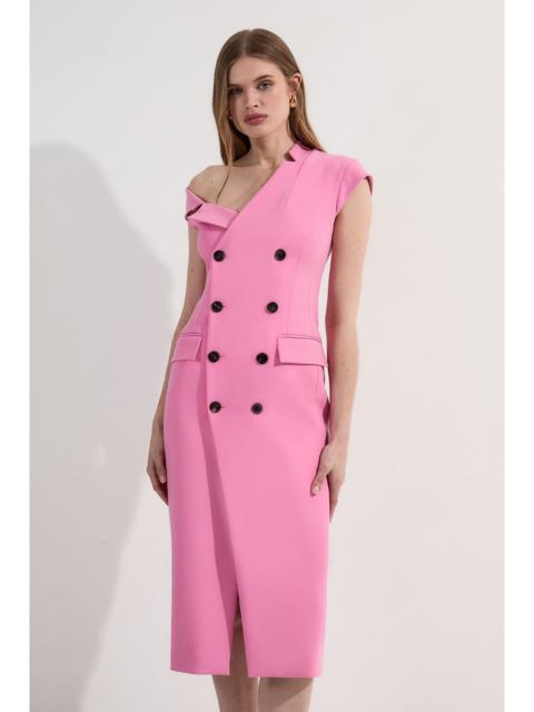 Compact Stretch Asymmetric Collar Tailored Pencil Maxi Dress