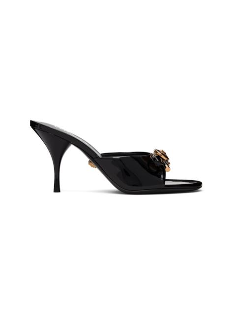 Black Opera Bow Patent Mule Heeled Sandals