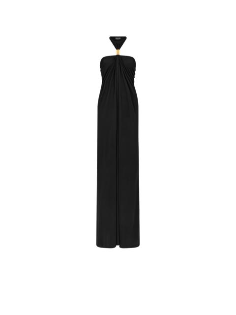 HALTERNECK EVENING DRESS WITH METAL HARDWARE DETAIL