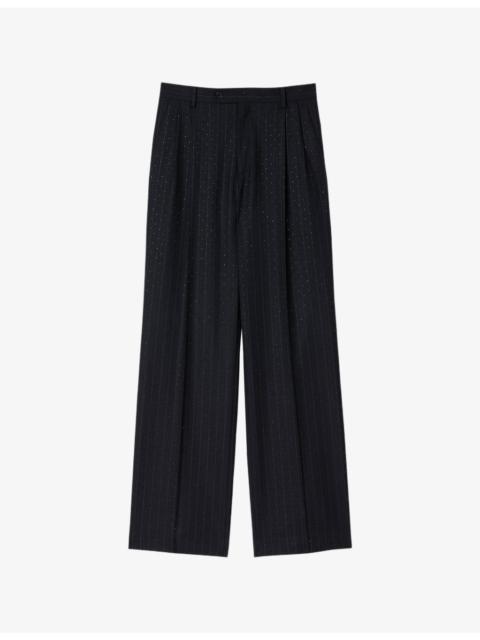 Rhinestone-Embellished Striped Stretch-Wool Trousers