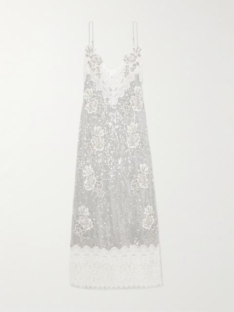 Embellished Lace-trimmed Sequined Georgette Midi Dress