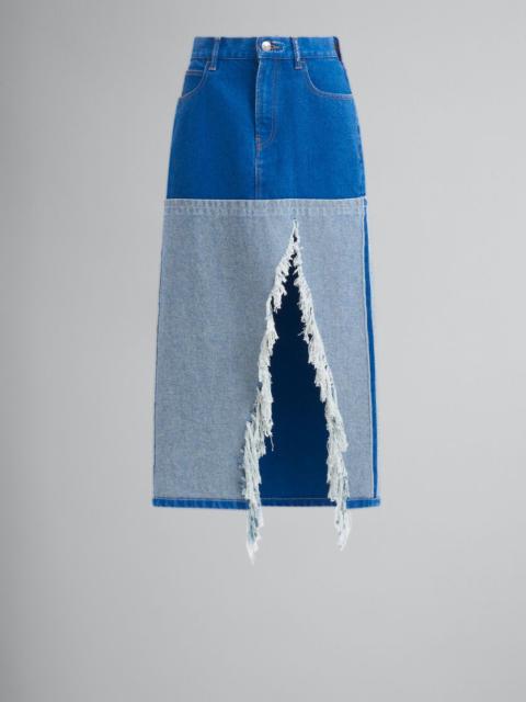 BLUE ORGANIC DENIM TWO-TONE MIDI SKIRT