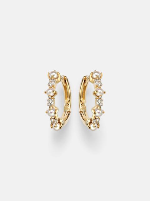 14kt gold (585/1000) earrings with diamonds and pearls