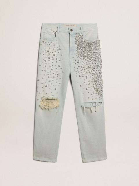 Women's bleached jeans with cabochon crystals