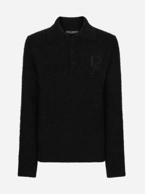 Long-sleeved wool polo-shirt with embroidered logo