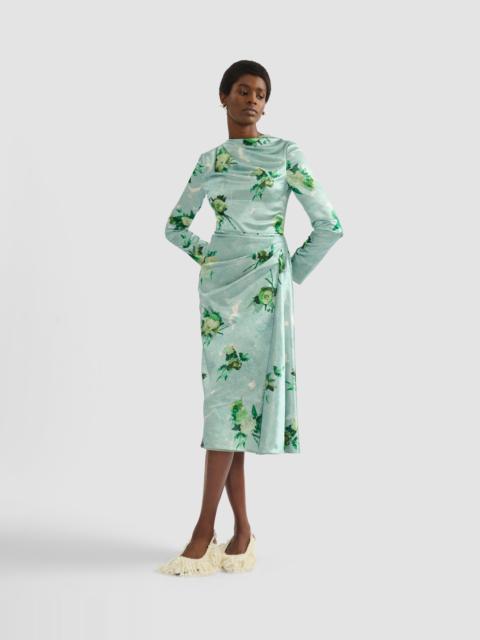 FLORAL PRINT CRUSHED SATIN DRAPED MIDI DRESS