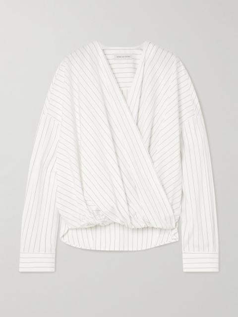 Oversized Wrap-effect Pinstriped Cotton-poplin Blouse