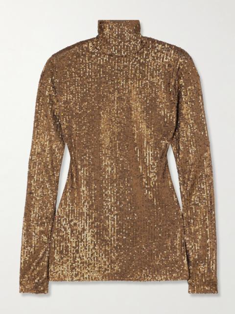 Sequined Stretch-mesh Turtleneck Top