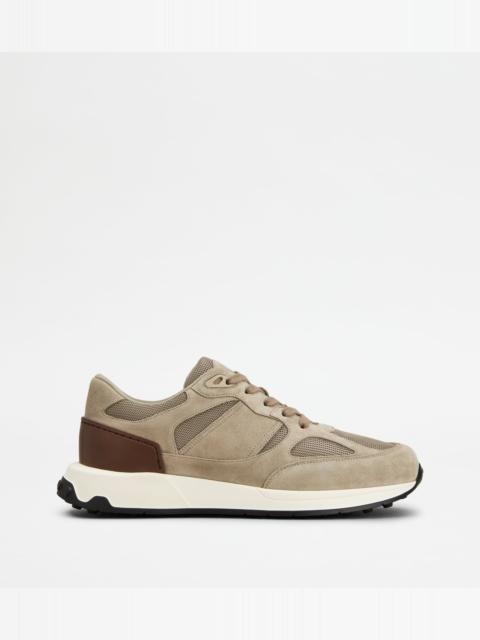 SNEAKERS IN LEATHER AND FABRIC - BEIGE, BROWN, GREY