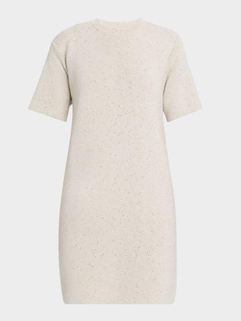 Pailette Knit Short-Sleeve Mini Shift Dress