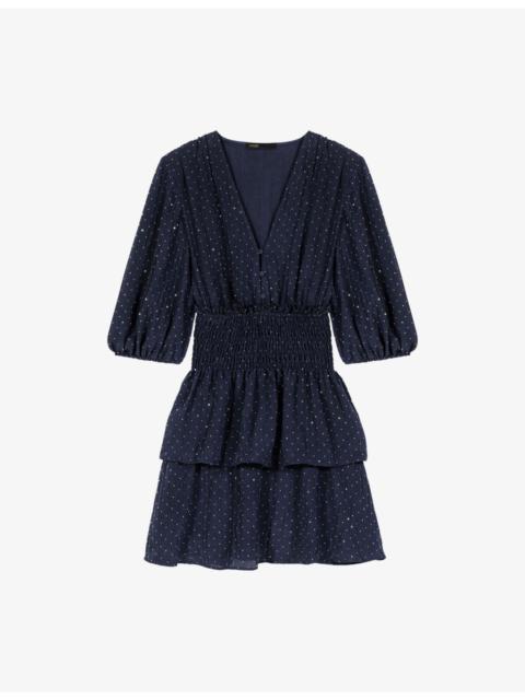 Rhinestone-Embellished Ruffled Woven Mini Dress