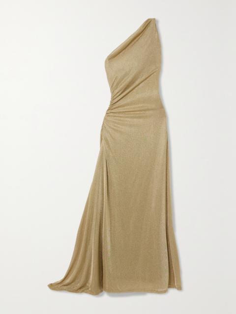 Vivien One-shoulder Ruched Metallic Knitted Maxi Dress