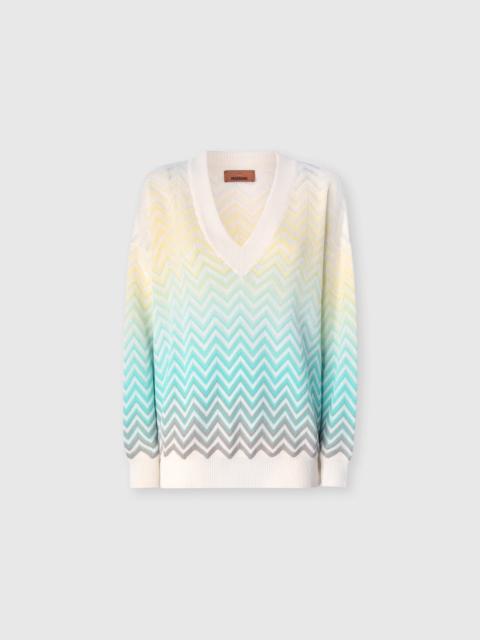 Chevron Dégradé Cotton and Viscose V-Neck Sweater