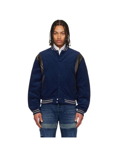 Navy Leather Point Stadium Jacket