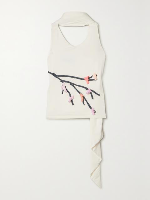 Tie-neck Appliquéd Stretch-micro Modal Jersey Tank