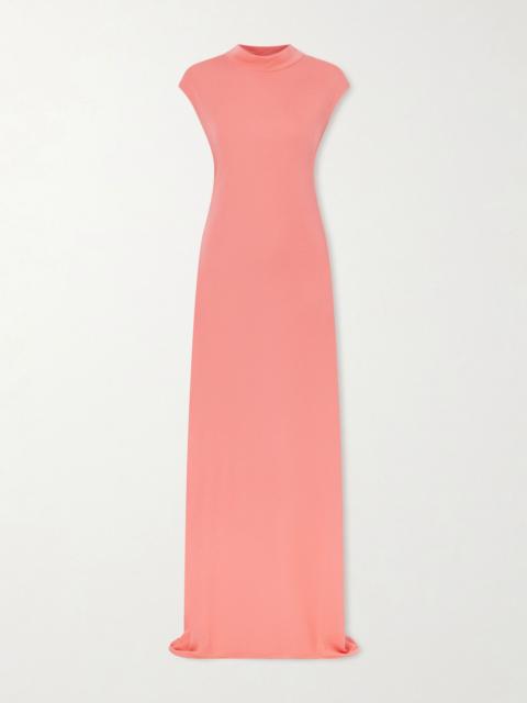 Open-back asymmetric knotted crepe-jersey maxi dress Coral