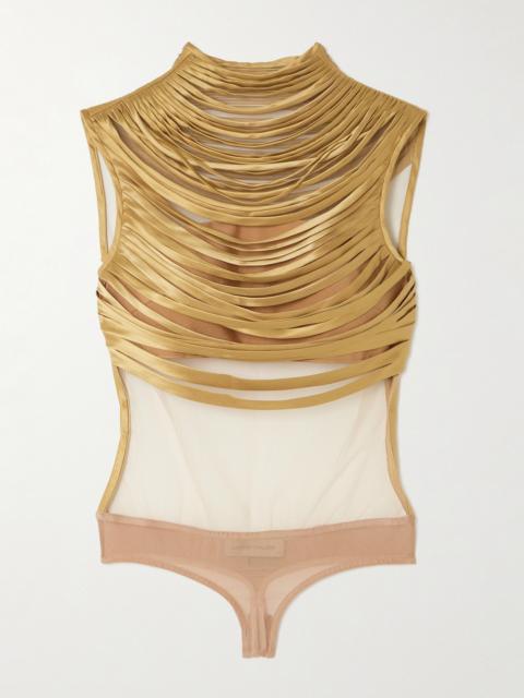 Pulsos Fringed Silk-charmeuse And Mesh Bodysuit