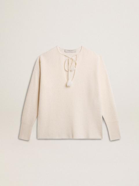 Ribbed wool sweater with V neck and drawstring with tassels