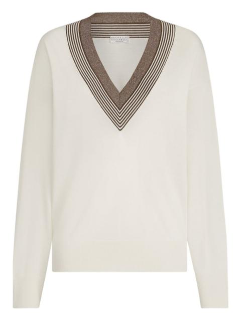 striped V-neck sweater