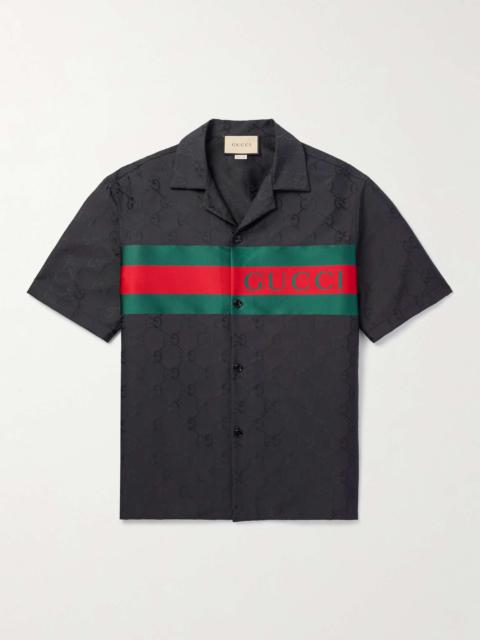 Camp-Collar Logo-Jacquard Twill-Trimmed Satin Shirt