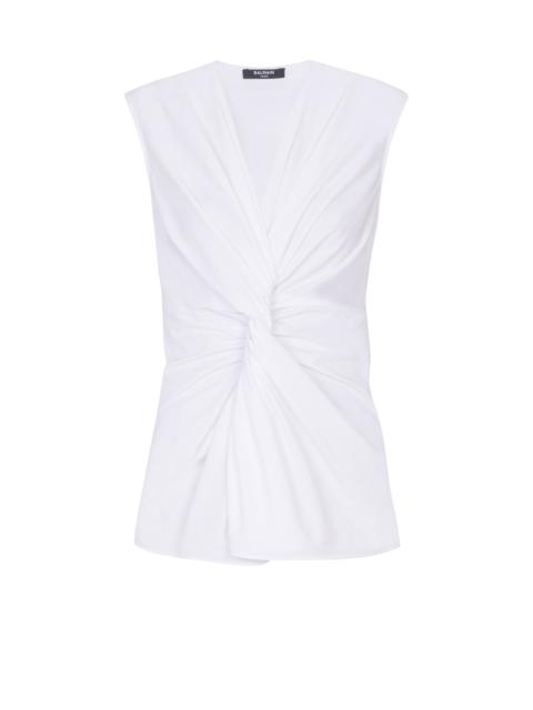 Draped sleeveless cotton poplin shirt