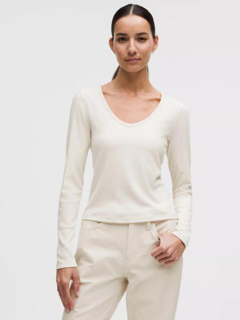 Hold Tight Micro-Rib V-Neck Long-Sleeve Shirt