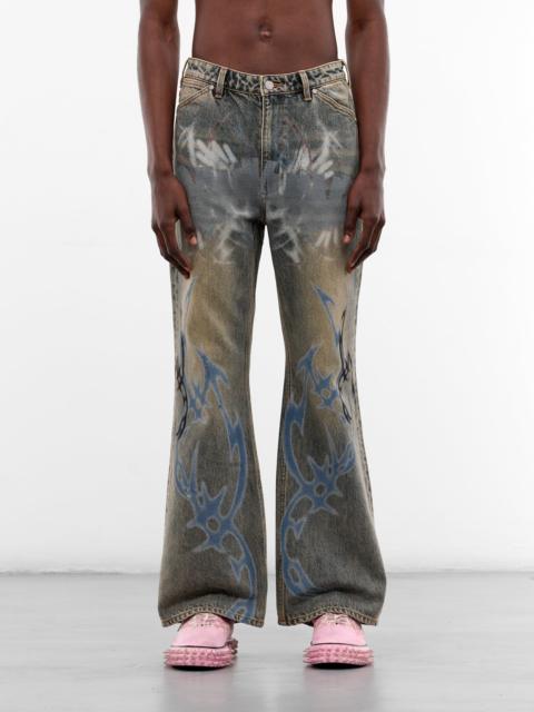 Blue Denim Graffiti Flared Jeans