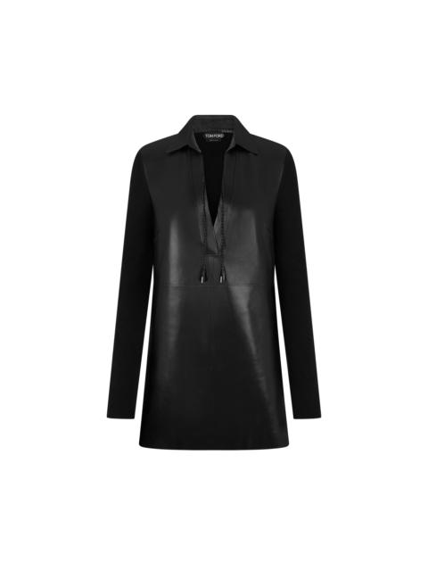 LEATHER AND WOOL BLEND KNIT POLO MINI DRESS