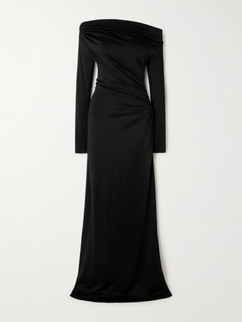 Off-the-shoulder draped satin gown Black