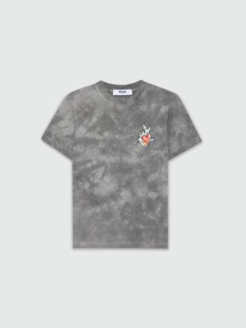 Grey tie-dye jersey T-shirt with MSGM "Heart on fire" print