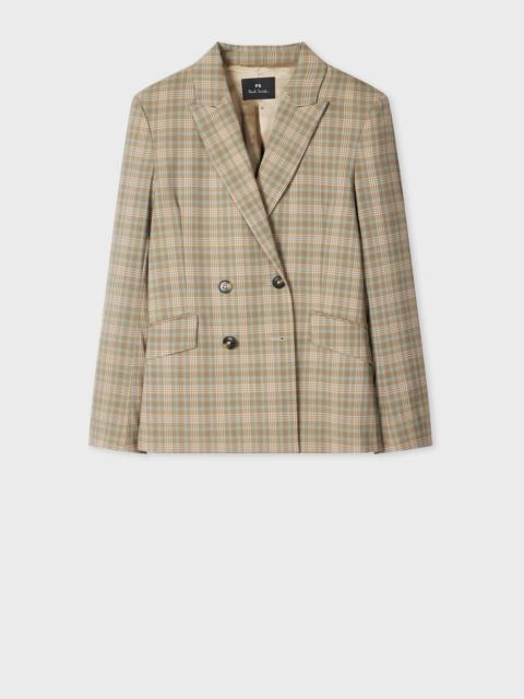 Women's Cream and Blue Check Double-Breasted Blazer