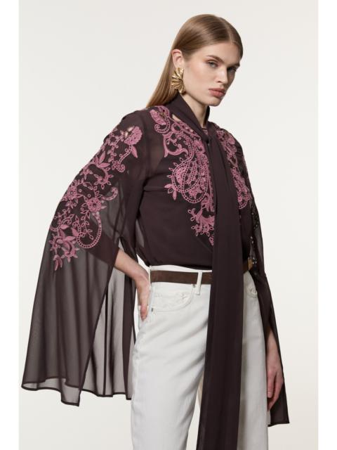 Cutwork Beaded Georgette Tie Neck Woven Blouse With Drama Sleeve