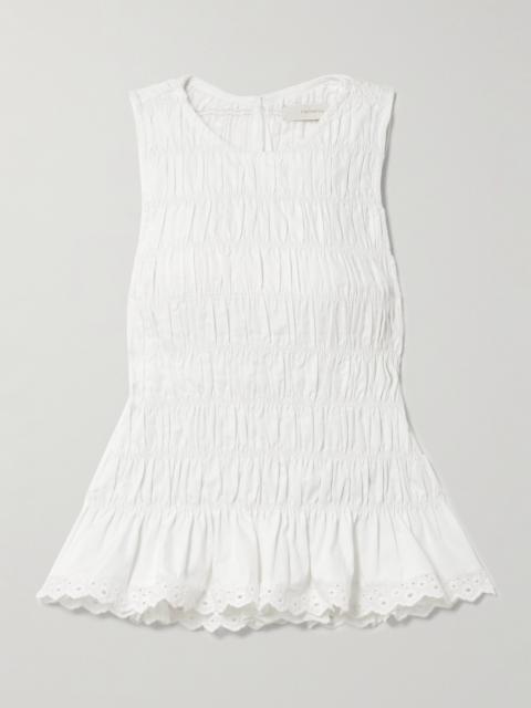 Thea Shirred Broderie Anglaise-trimmed Cotton Top