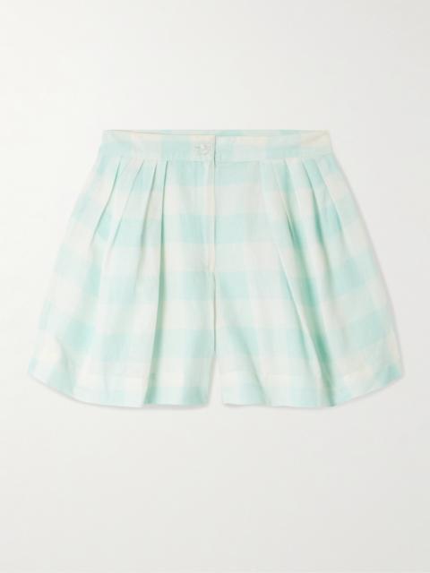 Kenya Pleated Checked Linen And Cotton-blend Shorts