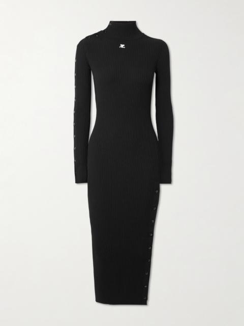 Embroidered Ribbed-knit Midi Turtleneck Dress