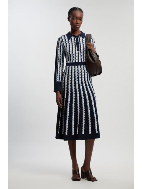 Petite Knit Pointelle Contrast Collared Midi Dress