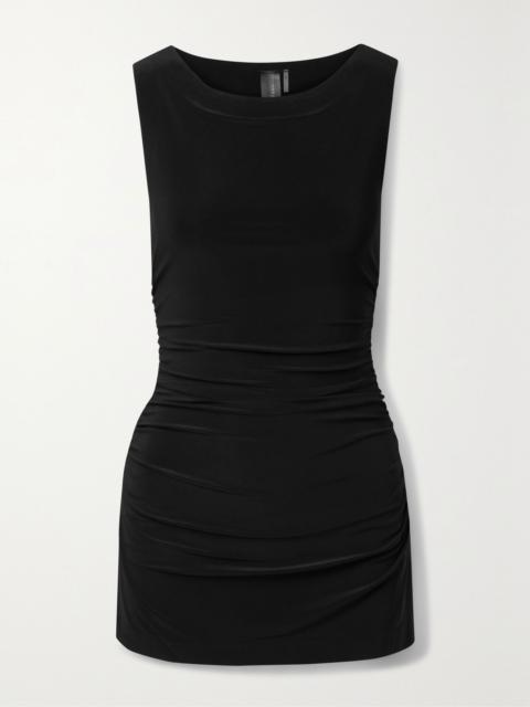 Ruched stretch-jersey mini dress Black