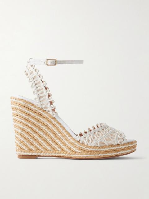 Kahlo mesh-trimmed raffia wedge espadrilles White