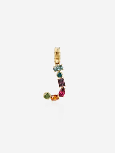 Rainbow alphabet J 18 kt yellow gold charm with multicolor fine gems