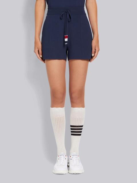 Navy Stretch Viscose Intarsia Side Stripe Pintuck Mid-thigh Shorts
