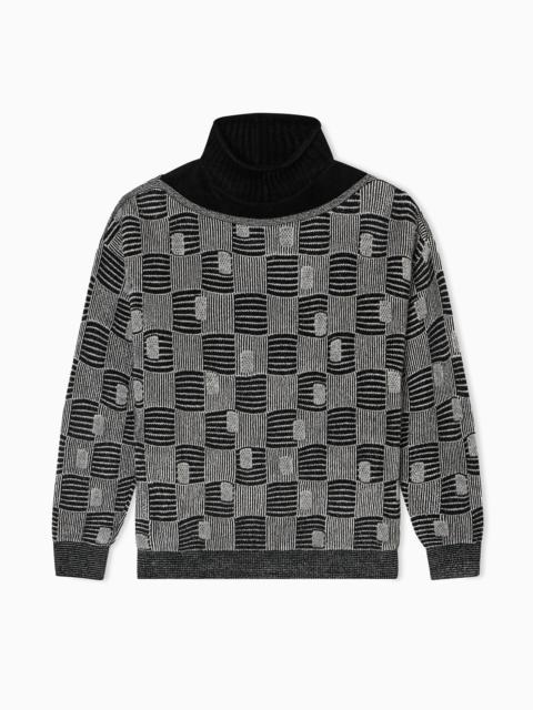 MOCK-NECK JUMPER IN CASHMERE, VISCOSE AND SILK JACQUARD