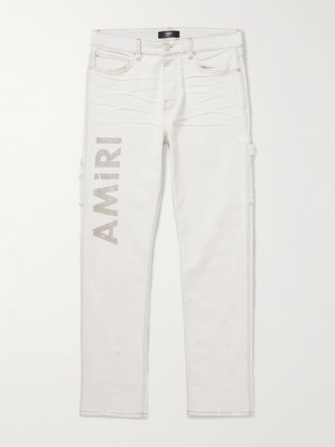 Slim-Fit Straight-Leg Logo-Print Paint-Splattered Jeans Blue
