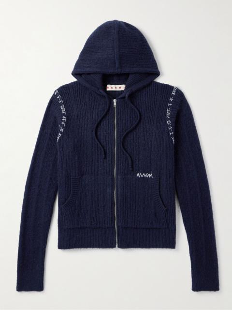 Embroidered Ribbed Wool and Cashmere-Blend Zip-Up Hoodie Navy