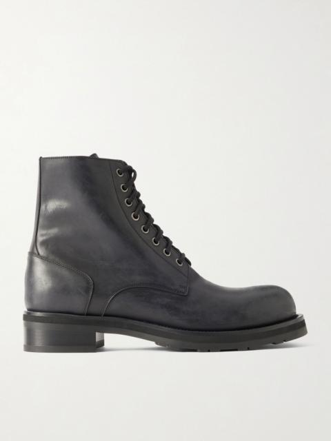 Distressed Leather Lace-Up Boots Black