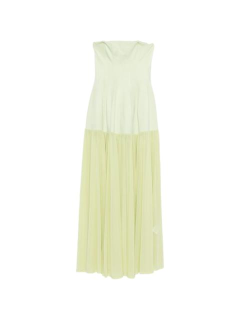 pleated strapless maxi dress