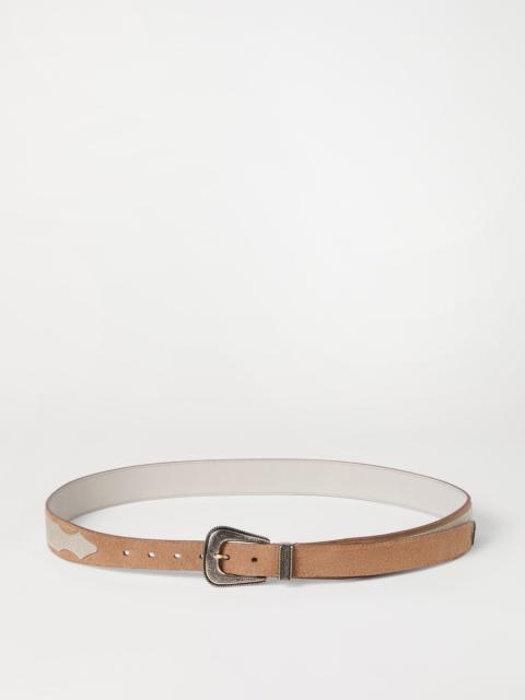 Two-tone reversed calfskin belt with detailed buckle and tip