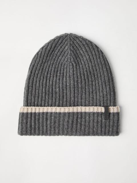 Cashmere English rib knit beanie with monili