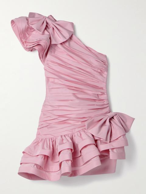 One-shoulder Bow-embellished Ruched Taffeta Mini Dress