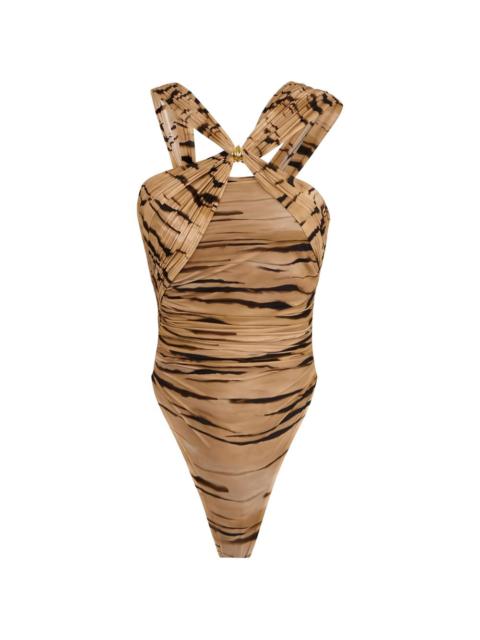 crossed-sash tiger-print bodysuit